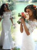 Trumpet/Mermaid Off-the-Shoulder 1/2 Sleeves Lace Sweep/Brush Train Wedding Dresses TPP0006056