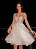 A-Line/Princess Sleeveless V-neck Tulle Beading Short/Mini Homecoming Dresses TPP0004065