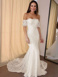 Trumpet/Mermaid Off-the-Shoulder Short Sleeves Lace Applique Court Train Wedding Dresses TPP0005933