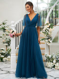 A-Line/Princess Tulle Ruffles V-neck Short Sleeves Floor-Length Bridesmaid Dresses TPP0004963
