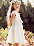 A-Line/Princess Tulle Applique Scoop Short Sleeves Knee-Length Flower Girl Dresses TPP0007932