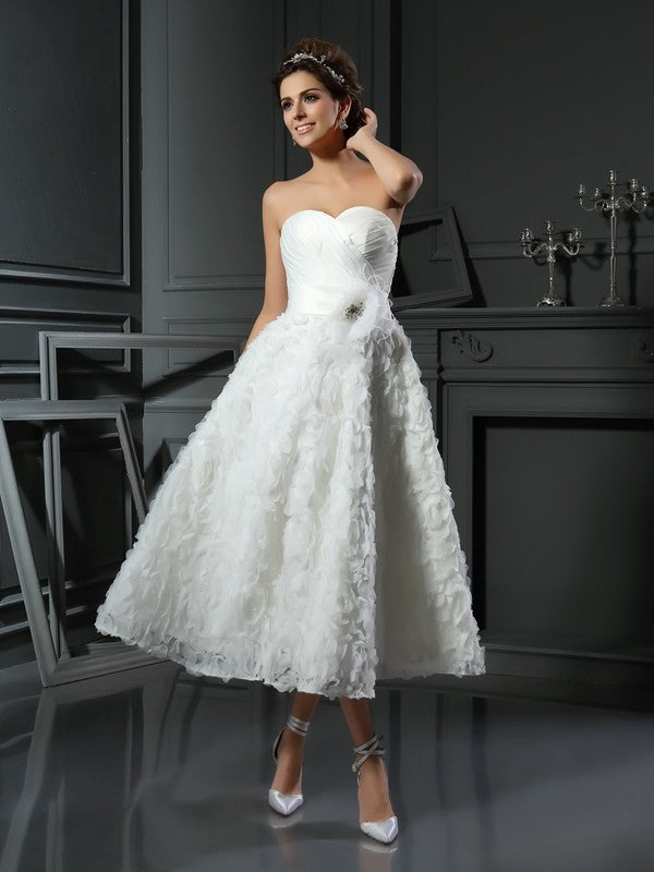 A-Line/Princess Sweetheart Bowknot Sleeveless Short Satin Wedding Dresses TPP0006426