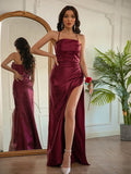Sheath/Column Elastic Woven Satin Ruched Halter Sleeveless Floor-Length Dresses TPP0001521
