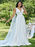 A-Line/Princess Satin Applique V-neck Sleeveless Sweep/Brush Train Wedding Dresses TPP0006501