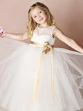 A-Line/Princess Tulle Sash/Ribbon/Belt Scoop Sleeveless Floor-Length Flower Girl Dresses TPP0007817
