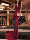 Trumpet/Mermaid Sleeveless V-neck Sweep/Brush Train Ruffles Sequins Dresses TPP0001447