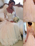 Ball Gown V-neck Long Sleeves Lace Court Train Tulle Wedding Dresses TPP0006095