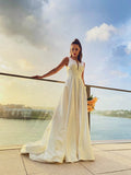 A-Line/Princess Satin Ruffles Scoop Sleeveless Sweep/Brush Train Wedding Dresses TPP0006204