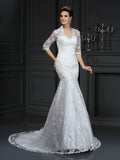 Trumpet/Mermaid V-neck Lace 1/2 Sleeves Long Lace Wedding Dresses TPP0006569