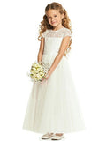 A-Line/Princess Tulle Lace Scoop Short Sleeves Ankle-Length Flower Girl Dresses TPP0007868