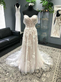 A-Line/Princess Off-the-Shoulder Tulle Applique Sleeveless Sweep/Brush Train Wedding Dresses TPP0005895