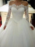 Ball Gown Tulle Applique Off-the-Shoulder Long Sleeves Sweep/Brush Train Wedding Dresses TPP0006559