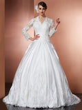 A-Line/Princess V-neck Long Sleeves Applique Long Satin Wedding Dresses TPP0006802