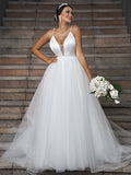 A-Line/Princess Tulle Ruffles V-neck Sleeveless Sweep/Brush Train Wedding Dresses TPP0006579