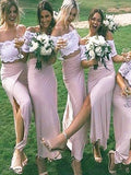 Sheath/Column Jersey Off-the-Shoulder Floor-Length Short Sleeves Bridesmaid Dresses TPP0005412
