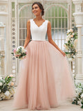 A-Line/Princess Tulle Lace V-neck Sleeveless Floor-Length Bridesmaid Dresses TPP0004942