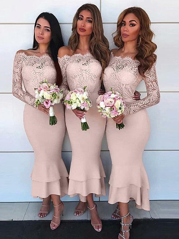 Sheath/Column Off-the-Shoulder Long Sleeves Ankle-Length Lace Stretch Crepe Bridesmaid Dresses TPP0005149