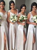Sheath/Column V-neck Silk like Satin Sleeveless Floor-Length Bridesmaid Dresses TPP0005139