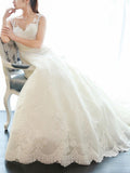 A-Line/Princess Sleeveless V-neck Court Train Applique Lace Wedding Dresses TPP0006590