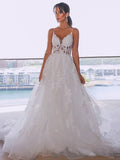 A-Line/Princess Tulle Spaghetti Straps Sleeveless Applique Court Train Wedding Dresses TPP0005979