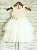A-line/Princess Straps Sleeveless Hand-made Flower Tea-Length Tulle Flower Girl Dresses TPP0007856