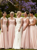 A-Line/Princess Short Sleeves Square Beading Chiffon Floor-Length Bridesmaid Dresses TPP0005147
