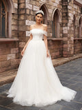 A-Line/Princess Tulle Sleeveless Off-the-Shoulder Ruched Sweep/Brush Train Wedding Dresses TPP0006049