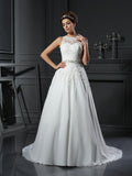 A-Line/Princess High Neck Beading Sleeveless Long Satin Wedding Dresses TPP0006597
