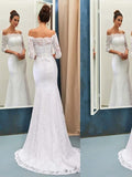 Trumpet/Mermaid Off-the-Shoulder Sweep/Brush Train Lace Long Sleeves Wedding Dresses TPP0006124