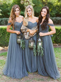 A-Line/Princess Floor-Length Tulle Ruffles Off-the-Shoulder Sleeveless Bridesmaid Dresses TPP0005214