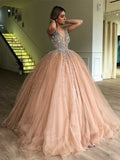 Ball Gown V-neck Sleeveless Floor-Length Beading Tulle Dresses TPP0001470