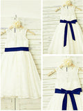 A-line/Princess Scoop Sleeveless Bowknot Tea-Length Lace Flower Girl Dresses TPP0007841