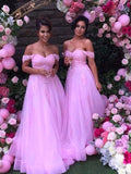 A-Line/Princess Off-the-Shoulder Sleeveless Floor-Length Applique Tulle Bridesmaid Dresses TPP0005136