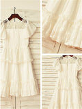A-line/Princess Scoop Short Sleeves Lace Tea-Length Chiffon Flower Girl Dresses TPP0007820
