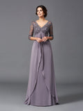 A-Line/Princess V-neck Lace 3/4 Sleeves Long Chiffon Mother of the Bride Dresses TPP0007104