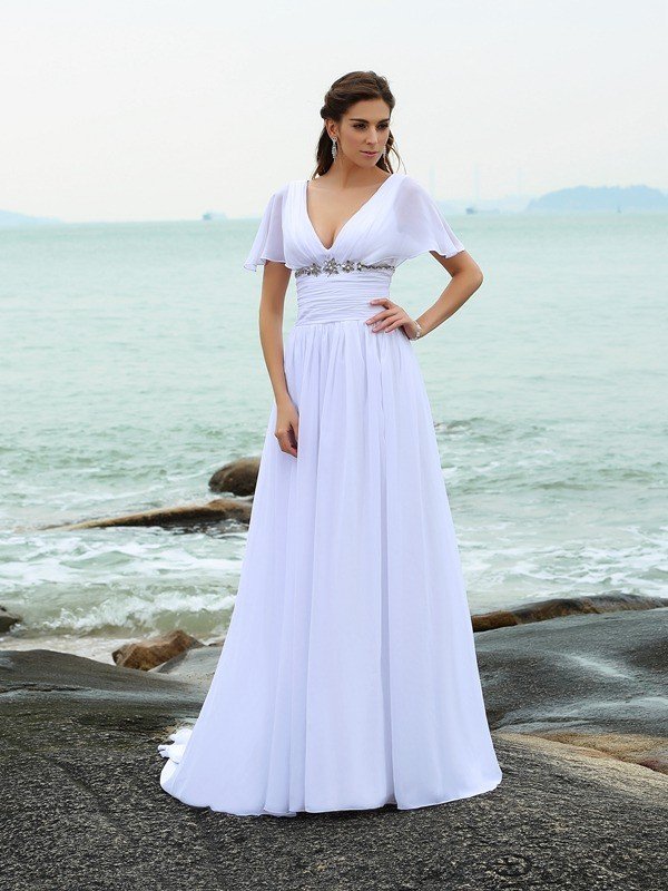 A-Line/Princess V-neck Ruffles Short Sleeves Long Chiffon Beach Wedding Dresses TPP0006230