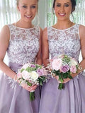 A-Line/Princess Sleeveless Sheer Neck Knee-Length Applique Organza Bridesmaid Dresses TPP0005462