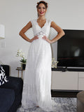 A-Line/Princess V-neck Short Sleeves Lace Ruched Floor-Length Wedding Dresses TPP0005984