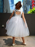 A-Line/Princess Tulle Lace High Neck Sleeveless Knee-Length Flower Girl Dresses TPP0007488