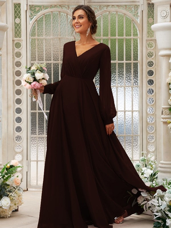 A-Line/Princess Chiffon Ruched V-neck Long Sleeves Floor-Length Bridesmaid Dresses TPP0004950