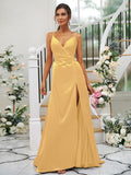 A-Line/Princess Silk like Satin Ruched V-neck Sleeveless Floor-Length Bridesmaid Dresses TPP0004934