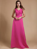 A-Line/Princess V-neck Long Sleeveless Elastic Woven Satin Bridesmaid Dresses TPP0005409