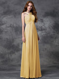 A-line/Princess Straps Ruched Sleeveless Long Chiffon Bridesmaid Dresses TPP0005379