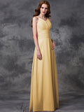 A-line/Princess Spaghetti Straps Ruffles Sleeveless Long Chiffon Bridesmaid Dresses TPP0005677