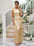 Sheath/Column Sequins Ruched Scoop Short Sleeves Floor-Length Bridesmaid Dresses TPP0004938