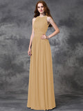 A-line/Princess Jewel Ruched Sleeveless Long Chiffon Bridesmaid Dresses TPP0005189
