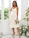 Sheath/Column Charmeuse Ruched Spaghetti Straps Sleeveless Tea-Length Bridesmaid Dresses TPP0004936