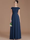A-Line/Princess Bateau Sleeveless Lace Floor-Length Chiffon Bridesmaid Dresses TPP0005198