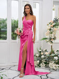 Sheath/Column Charmeuse Ruched One-Shoulder Sleeveless Floor-Length Bridesmaid Dresses TPP0004892
