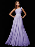 A-Line/Princess One-Shoulder Sleeveless Hand-Made Flower Long Chiffon Bridesmaid Dresses TPP0005084